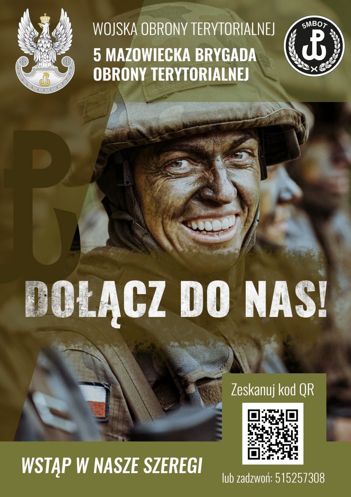 Obraz przedstawia plakat zachęcający do wstąpienia w szeregi 5 Mazowieckiej Brygady Obrony Terytorialnej