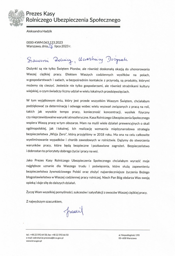 List Prezesa KRUS z okazji Powiatowo-Gminnego Święta Plonów w Pułtusku