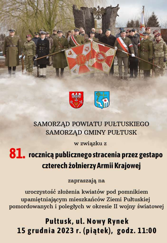 81. rocznica publicznego stracenia przez gestapo czterech żołnierzy AK - zaproszenie na uroczystość