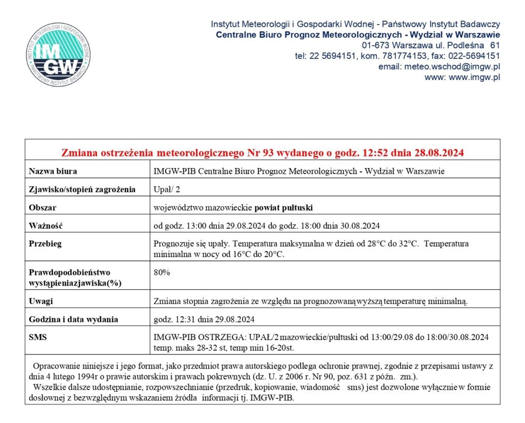 Prognozuje się upały. Temperatura maksymalna w dzień od 28 st. C do 32 st. C. Temperatura minimalna w nocy od 16 st. C do 20 st. C.