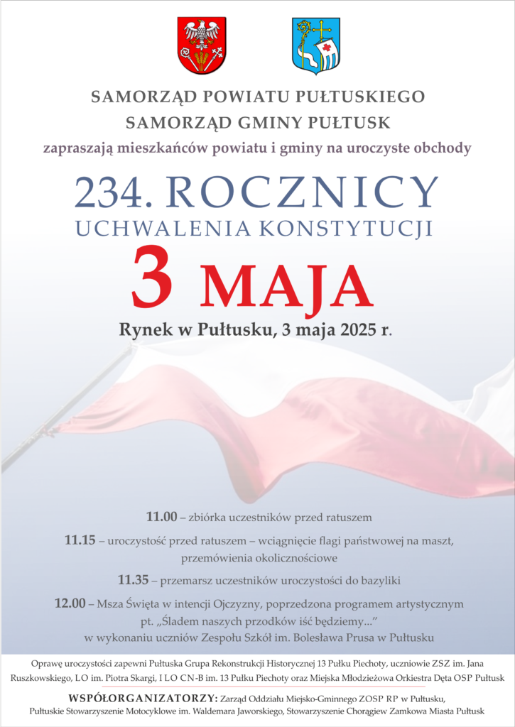 Zaproszenie na uroczystość z okazji 234. rocznicy uchwalenia Konstytucji 3 Maja