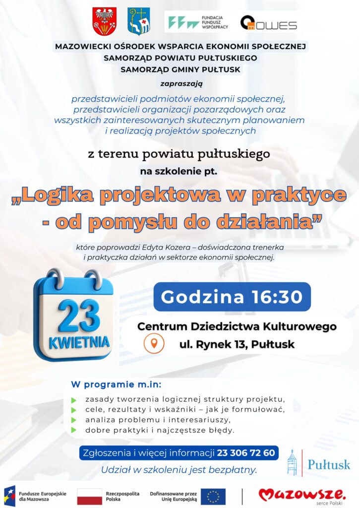 Logika projektowa w praktyce – zaproszenie na szkolenie dla przedstawicieli organizacji pozarządowych