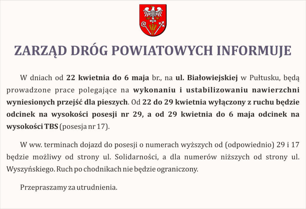 Zarząd Dróg Powiatowych informuje