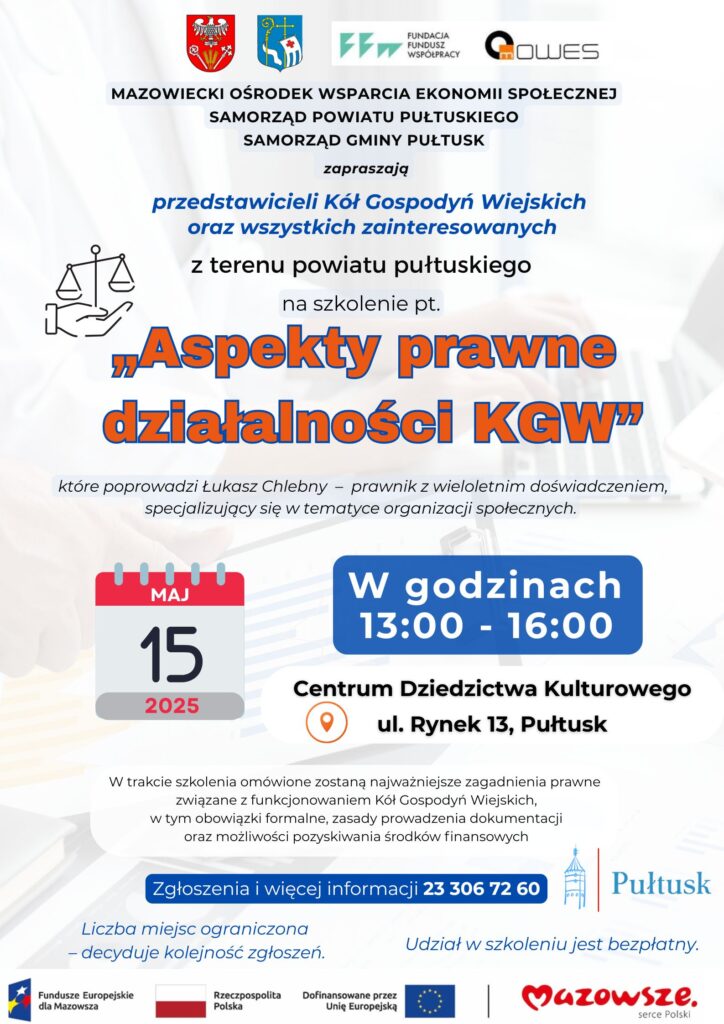Aspekty prawne działalności KGW – zaproszenie na szkolenie