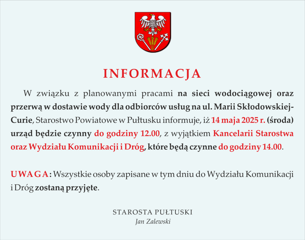 Informacja – praca urzędu w dniu 14.05.2025 r.