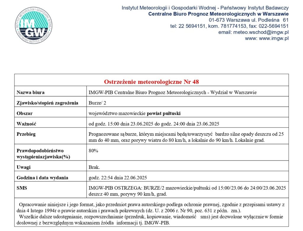 Informacja o możliwości wystąpienia na terenie powiatu pułtuskiego burz z bardzo silnym deszczem, loklanie z gradem od 25 mm do 40 mm oraz z porywani wiatru do 80 km/h, lokalnie do 90 km/h od godz. 15:00 do godz. 24:00 23 czerwca 2025 r.