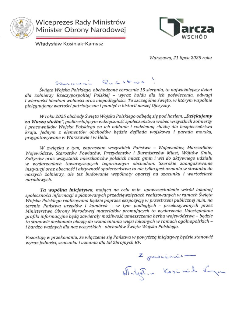 List Wicepremiera Ministra Obrony Narodowej dot. wspólnej promocji Święta Wojska Polskiego