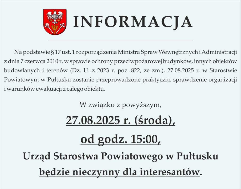Informacja o pracy Urzędu Starostwa dnia 27.08.2025 r.