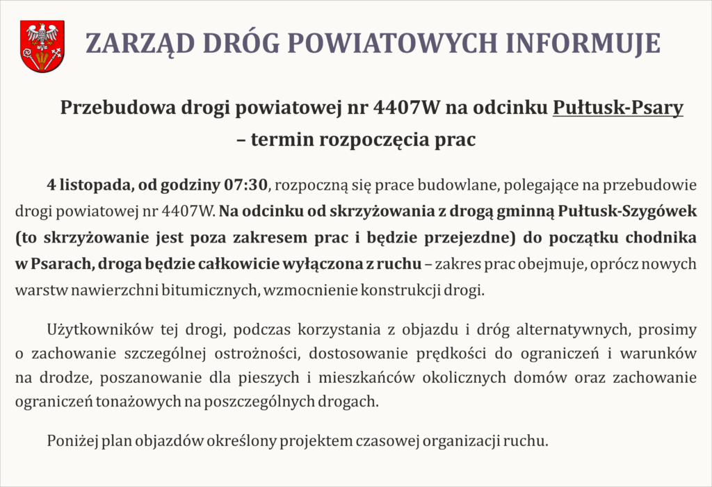 Przebudowa drogi powiatowej Pułtusk-Psary – ważna informacja
