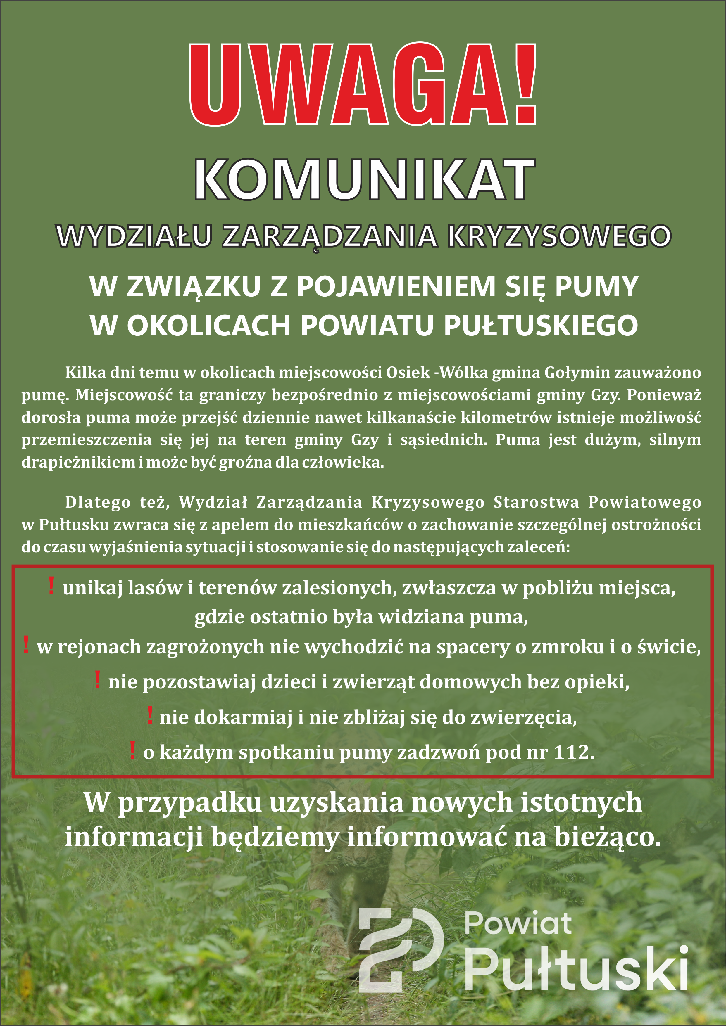 Komunikat Wydziału Zarządzania Kryzysowego